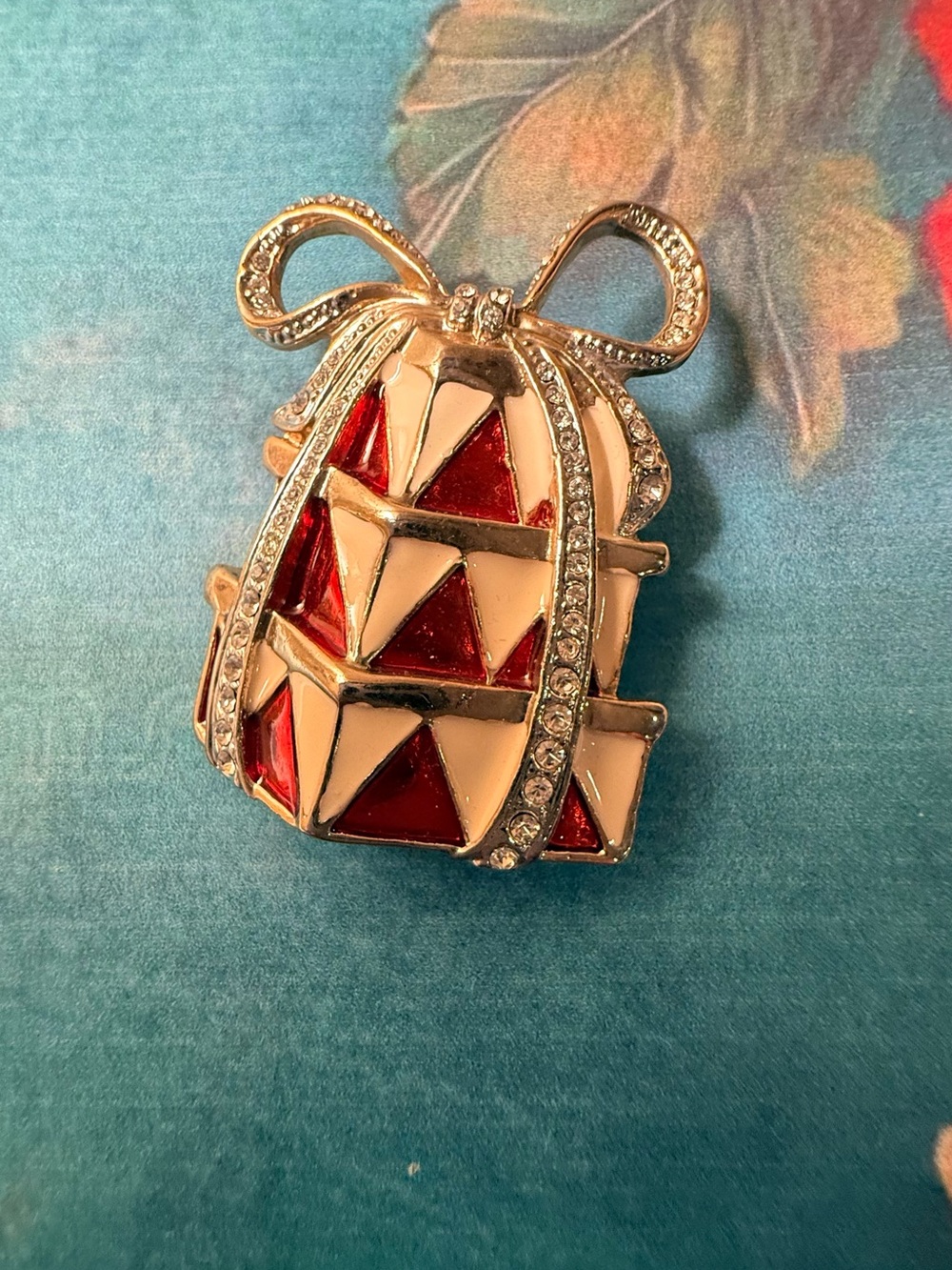 Gold-Tone Red and Cream Backpack Brooch with Crystals